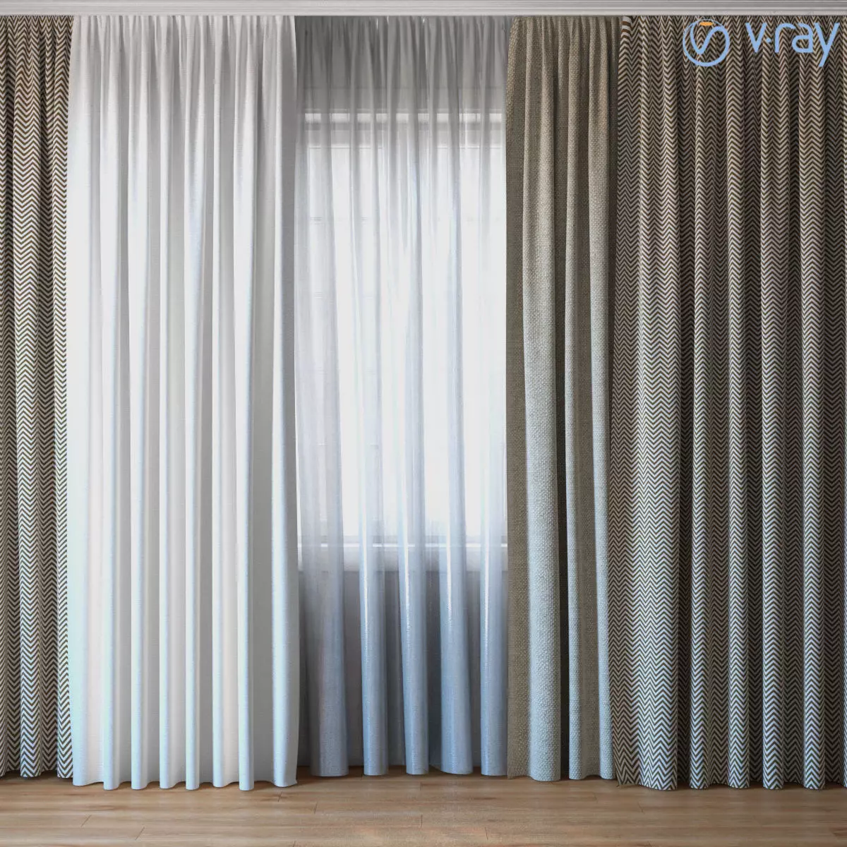 Curtains with tulle V-ray set 03  3D model_0