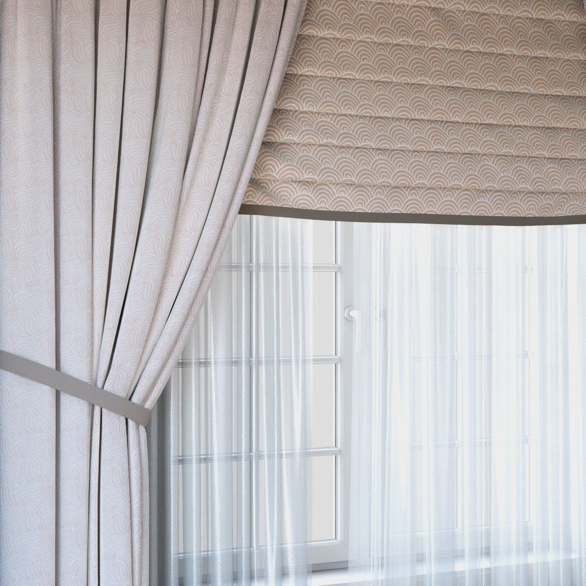 Curtains with Roman curtain and tulle set 03 3D model_1