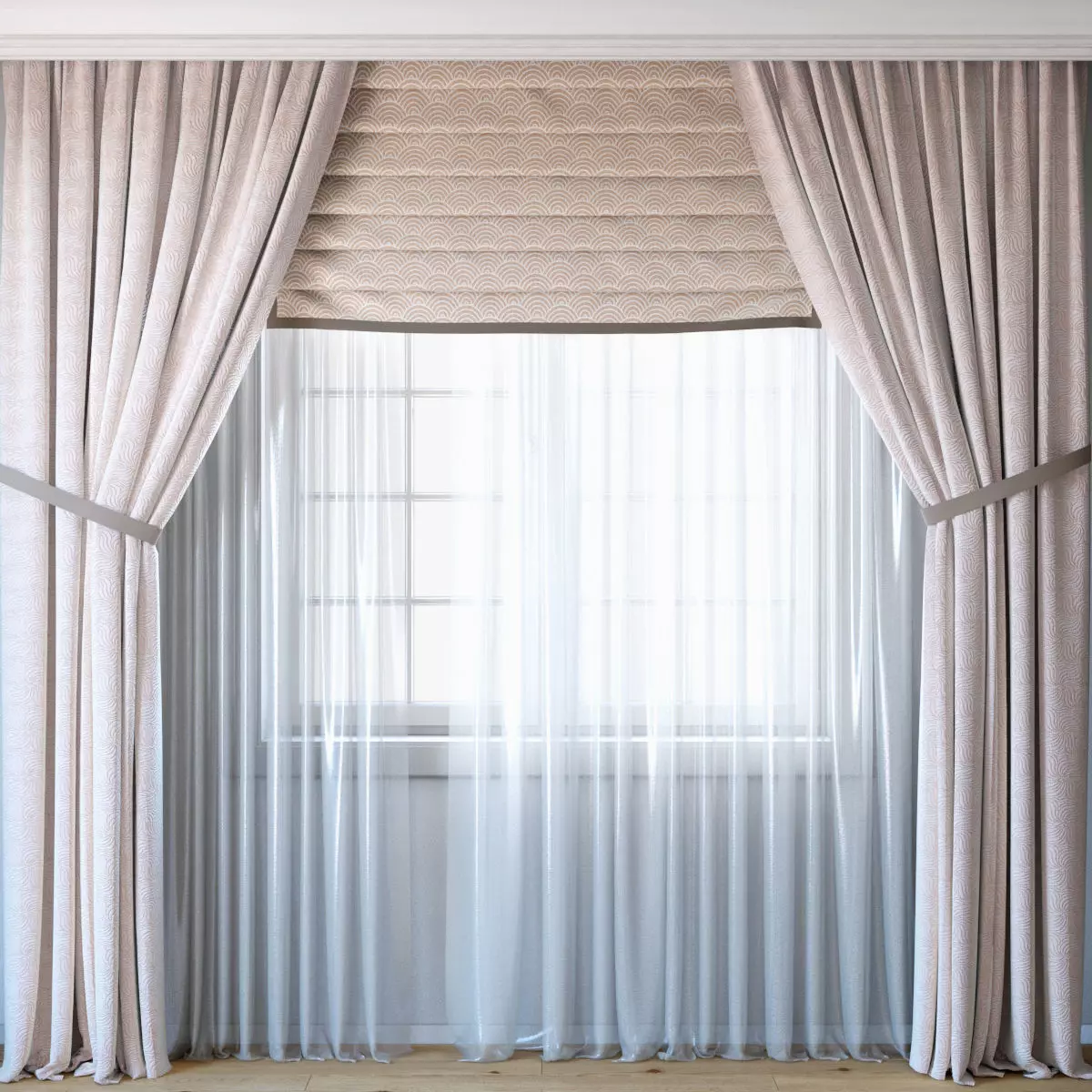 Curtains with Roman curtain and tulle set 03 3D model_0