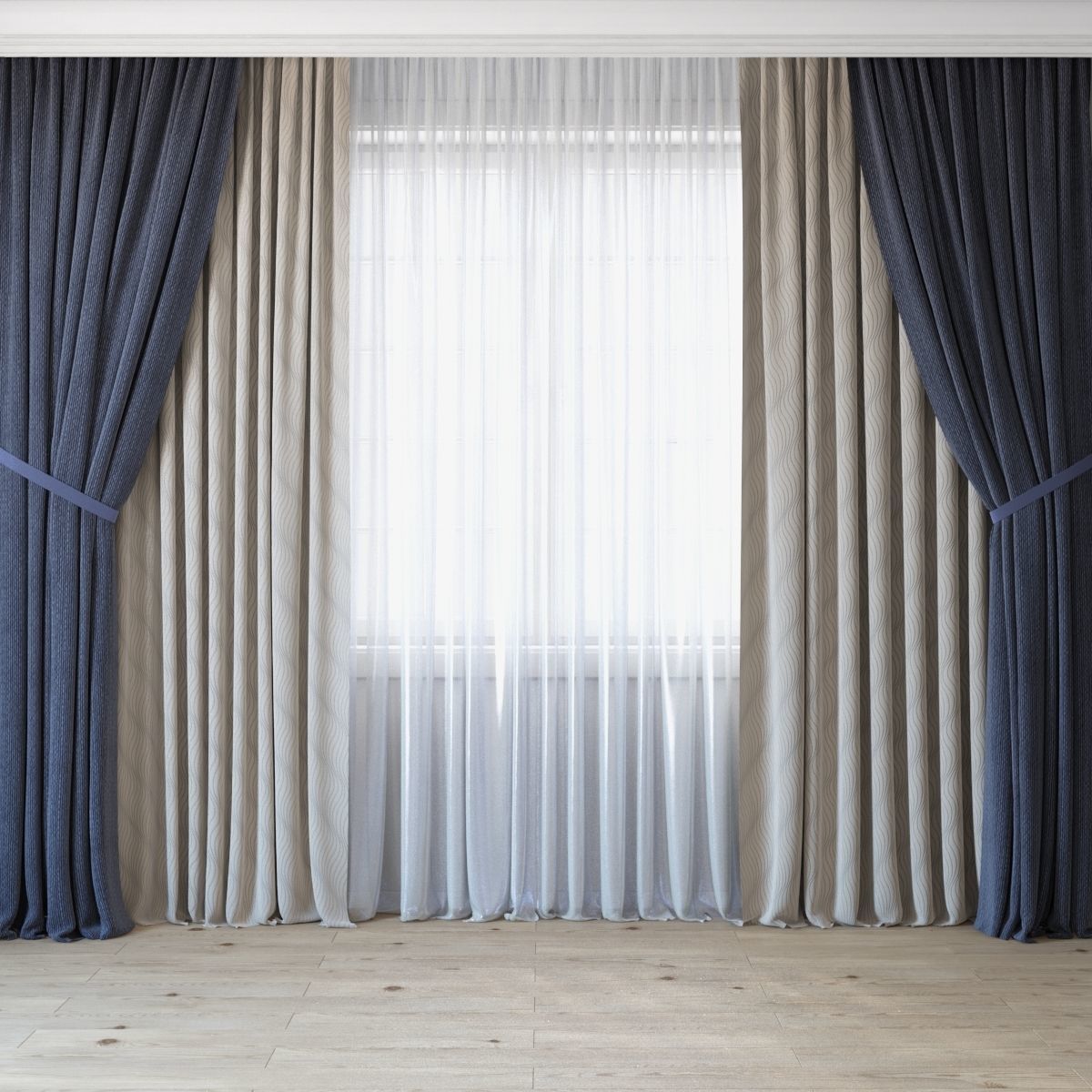 Curtains with tulle set 3 in 1 3D model_1