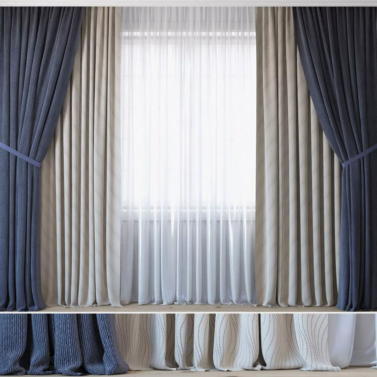 Curtains with tulle set 3 in 1 3D model_0