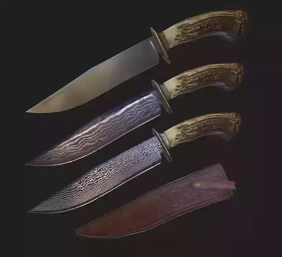 Survival Bowie Knife - Stag Crown Antler Handle Damascus Options Low-poly 3D model