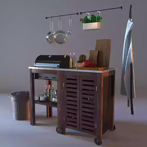 grill kitchen with pots and pans