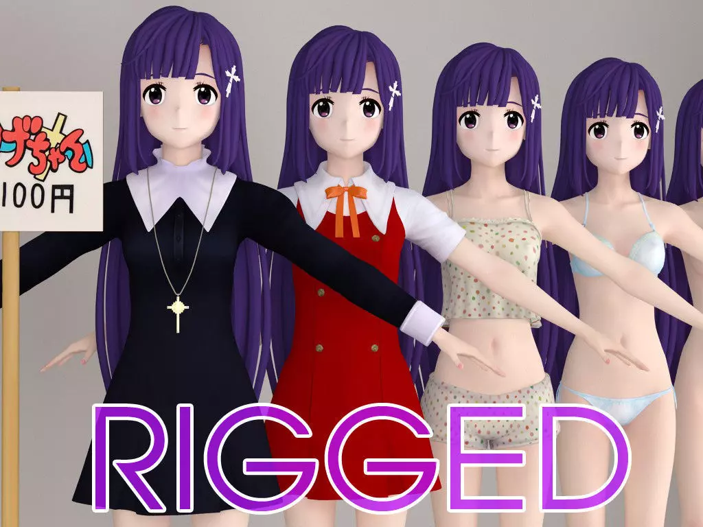 T pose rigged model of Zange anime girl 3D model