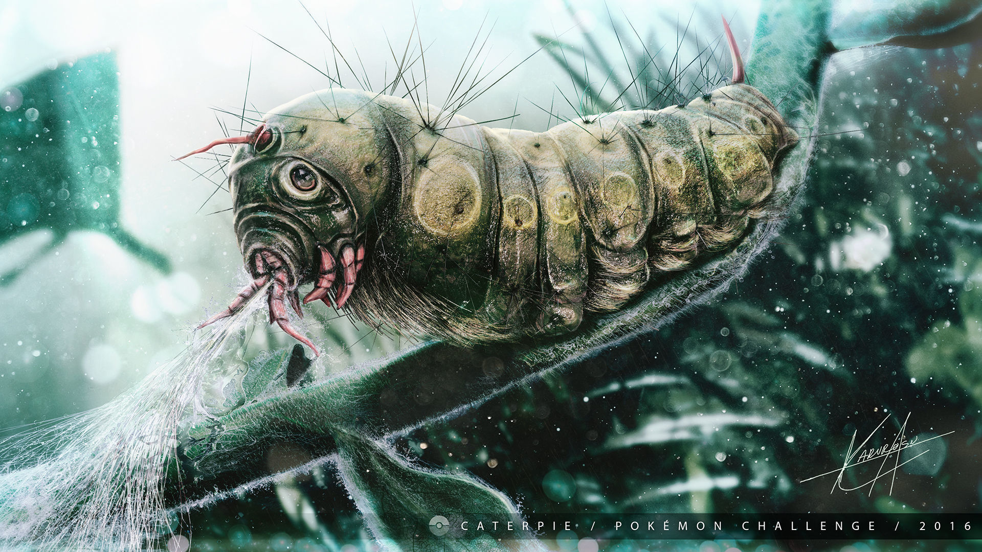 Caterpie bug drinking water from plant 3D print model_1