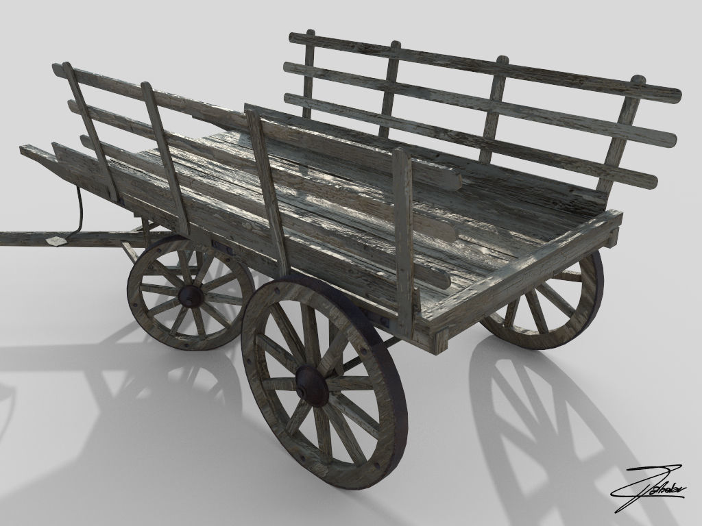 Wooden cart 3 Low-poly 3D model_5