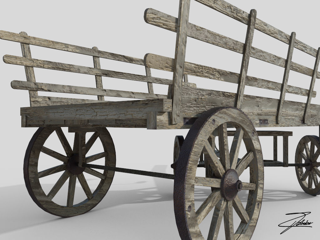 Wooden cart 3 Low-poly 3D model_6