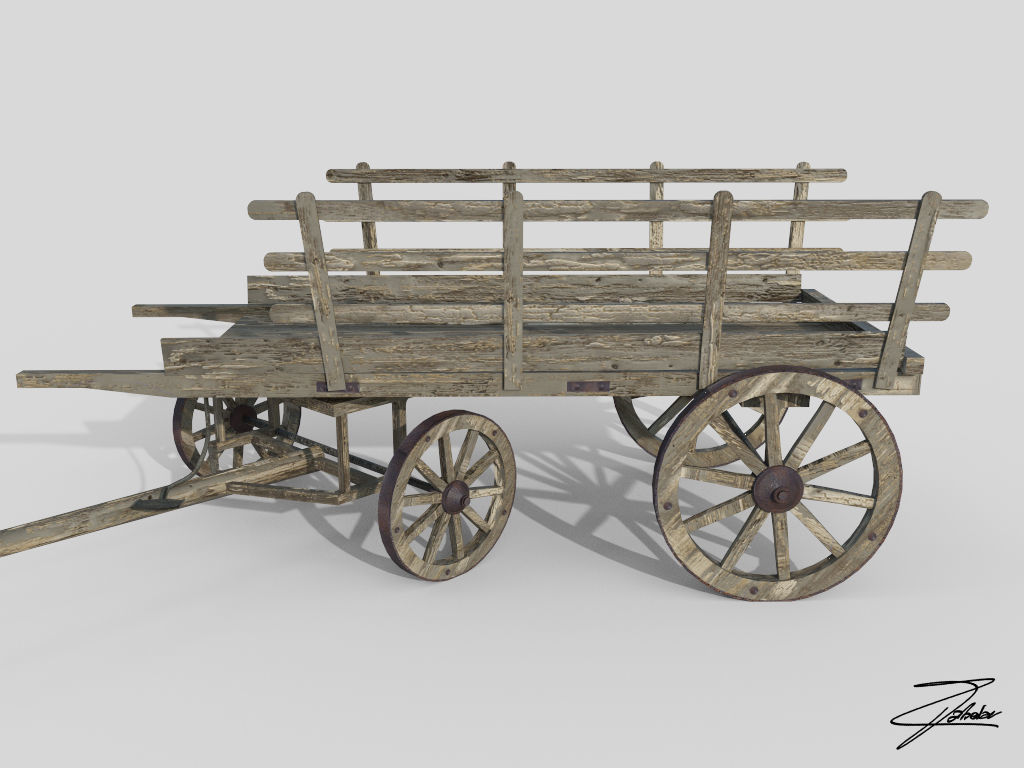 Wooden cart 3 Low-poly 3D model_2
