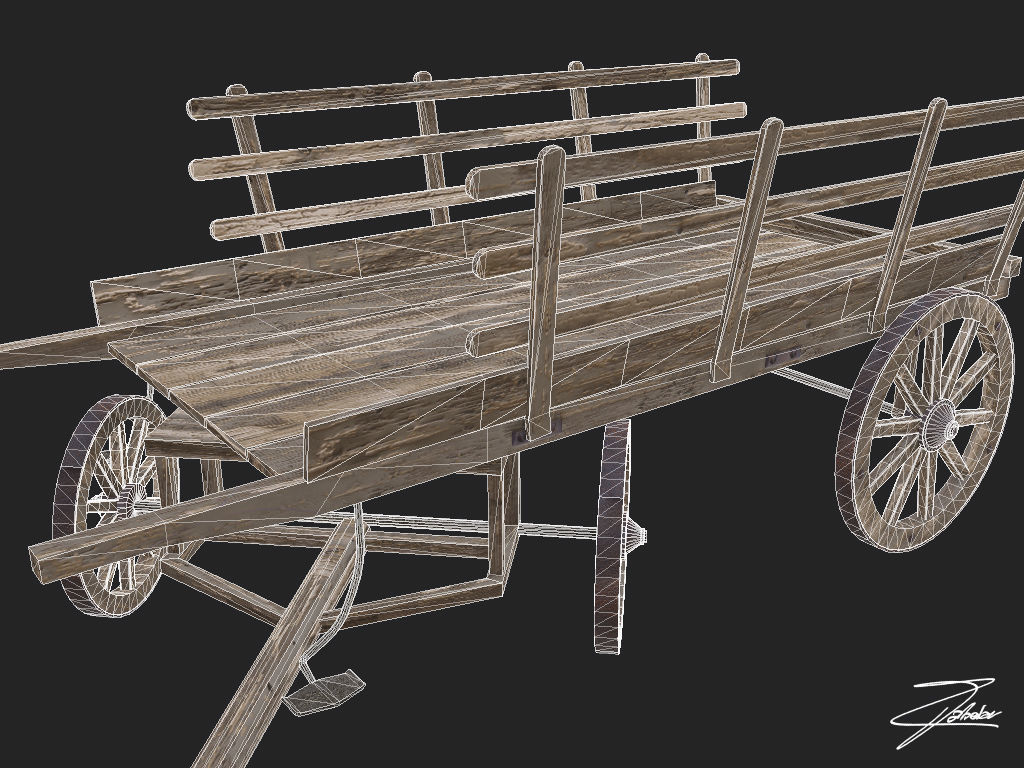 Wooden cart 3 Low-poly 3D model_9