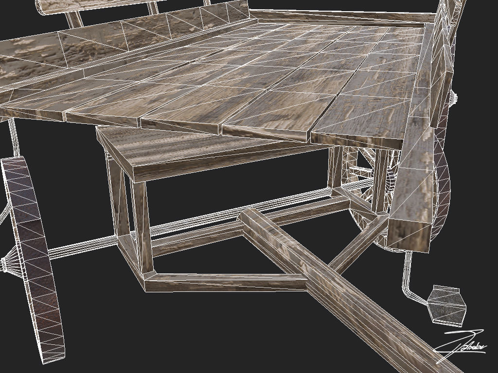 Wooden cart 3 Low-poly 3D model_1