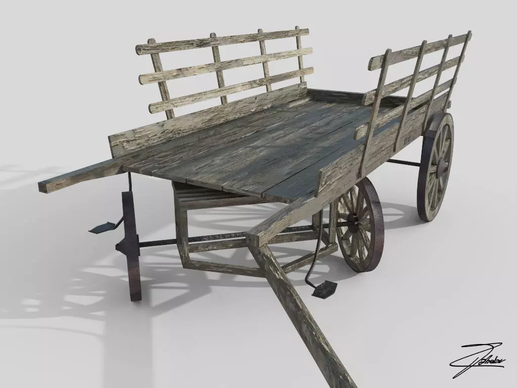 Wooden cart 3 Low-poly 3D model_0