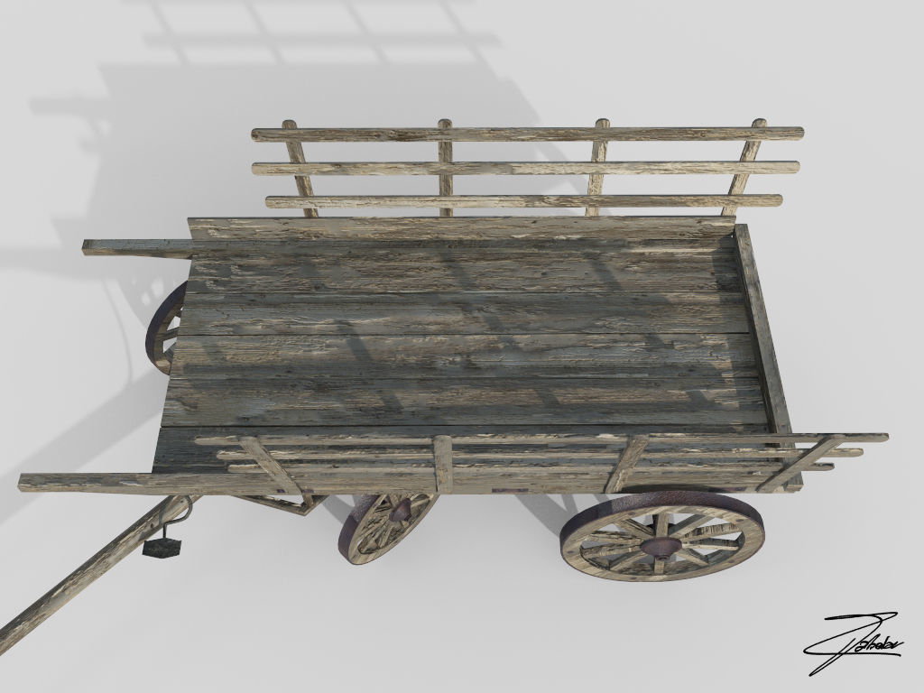 Wooden cart 3 Low-poly 3D model_3