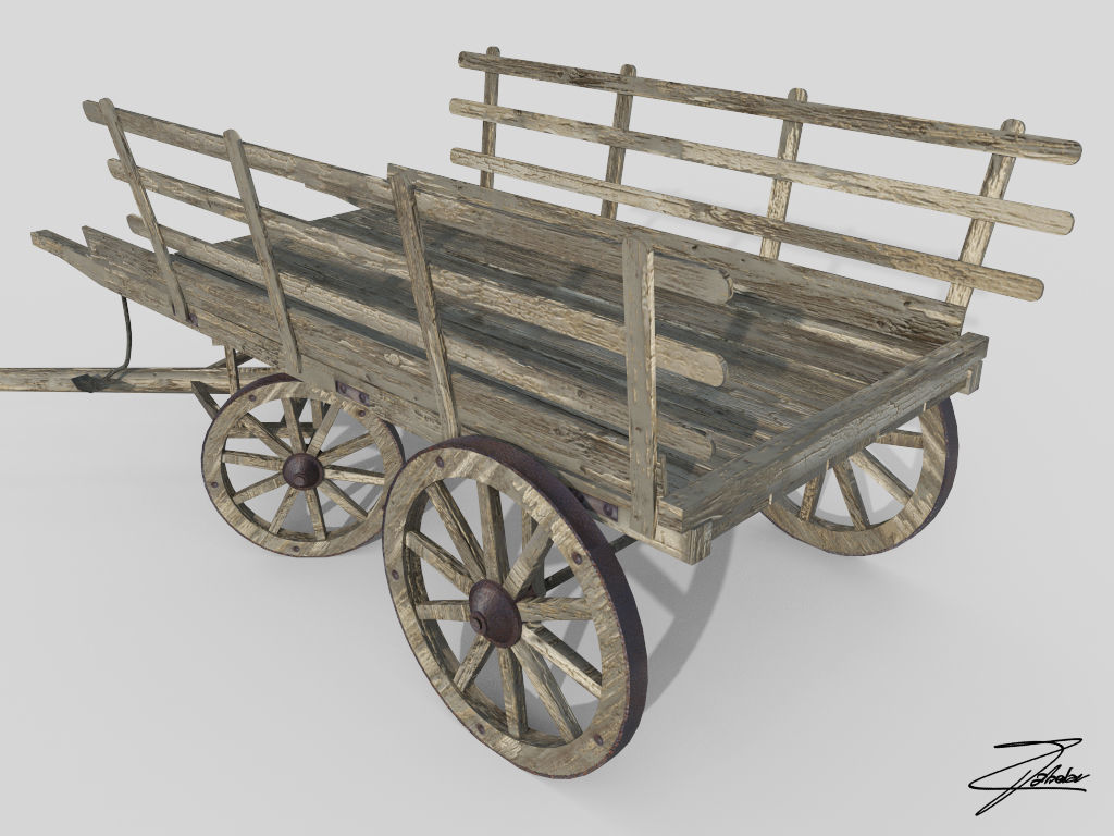 Wooden cart 3 Low-poly 3D model_4