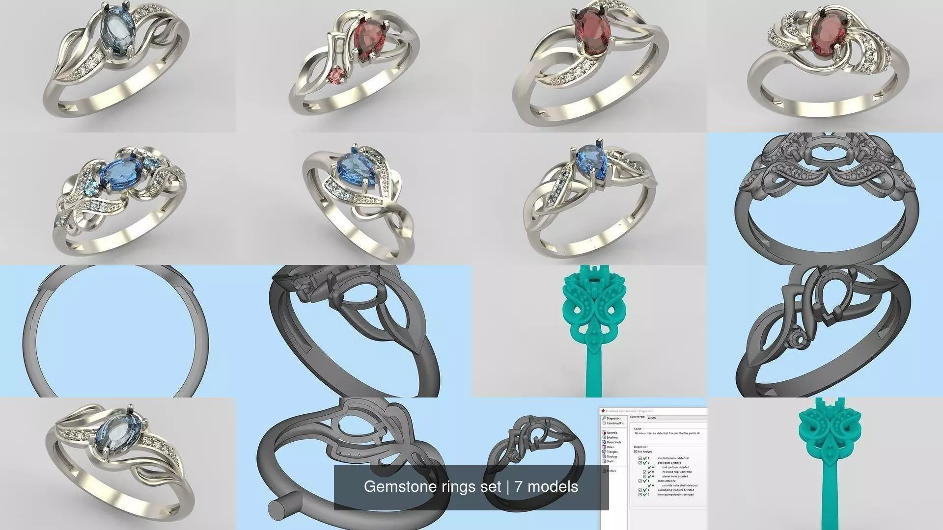7 Women Gemstone rings set 3dm stl 3D print model 3D Model Collection_0