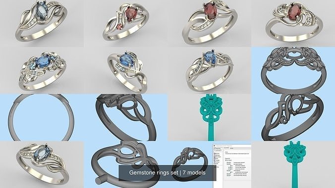 7 Women Gemstone rings set 3dm stl 3D print model 3D Model Collection
