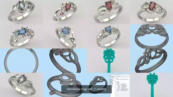 7 Women Gemstone rings set 3dm stl 3D print model 3D Model Collection