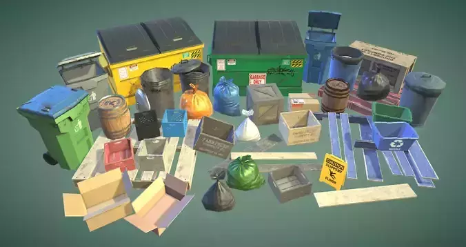Garbage bins and  crates and other Props