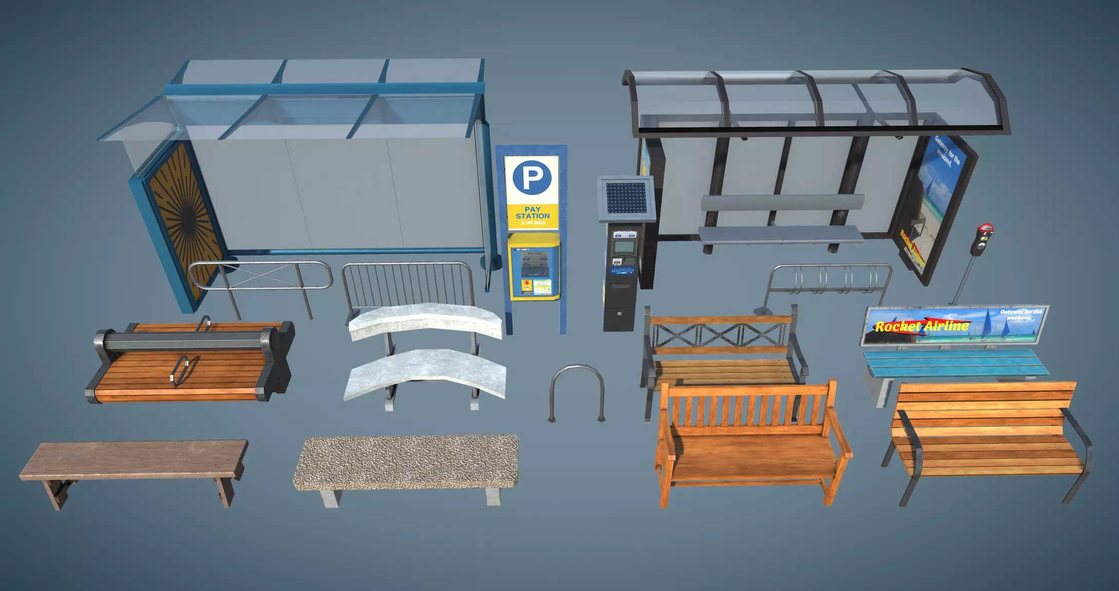 Bus Stop and Benches Low-poly 3D model
