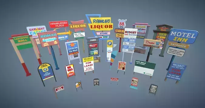 Signages Props Low-poly 3D model