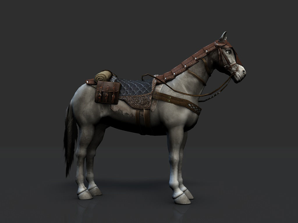 Horse with saddle armor and backpack Low-poly 3D model_4