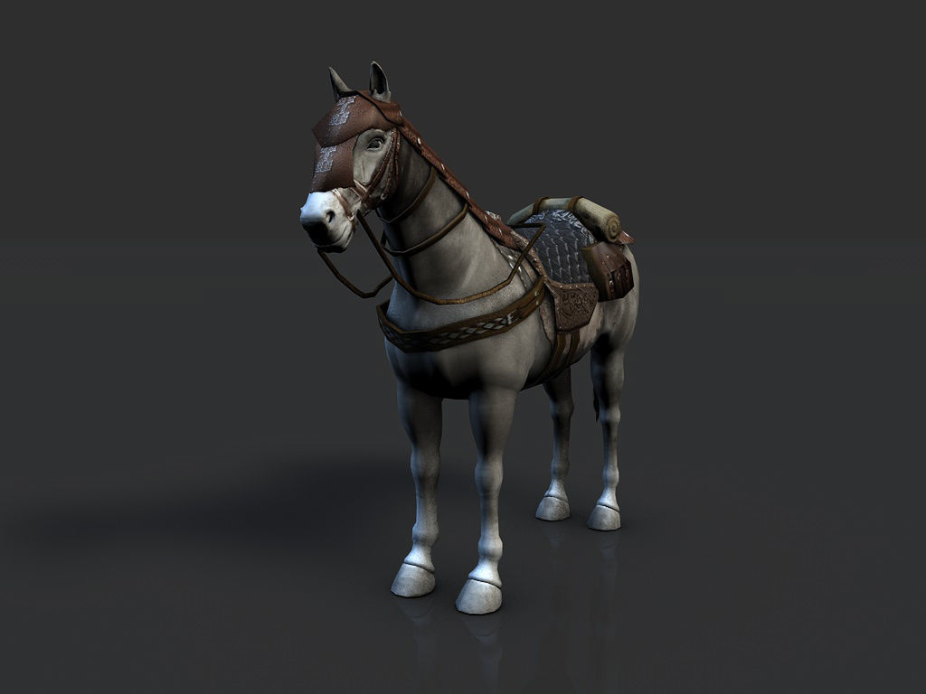 Horse with saddle armor and backpack Low-poly 3D model_3