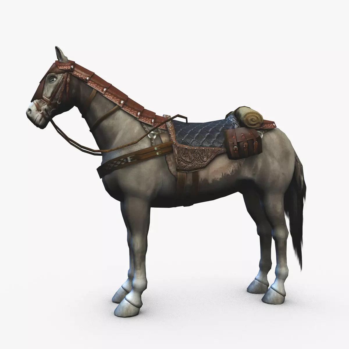 Horse with saddle armor and backpack Low-poly 3D model_0