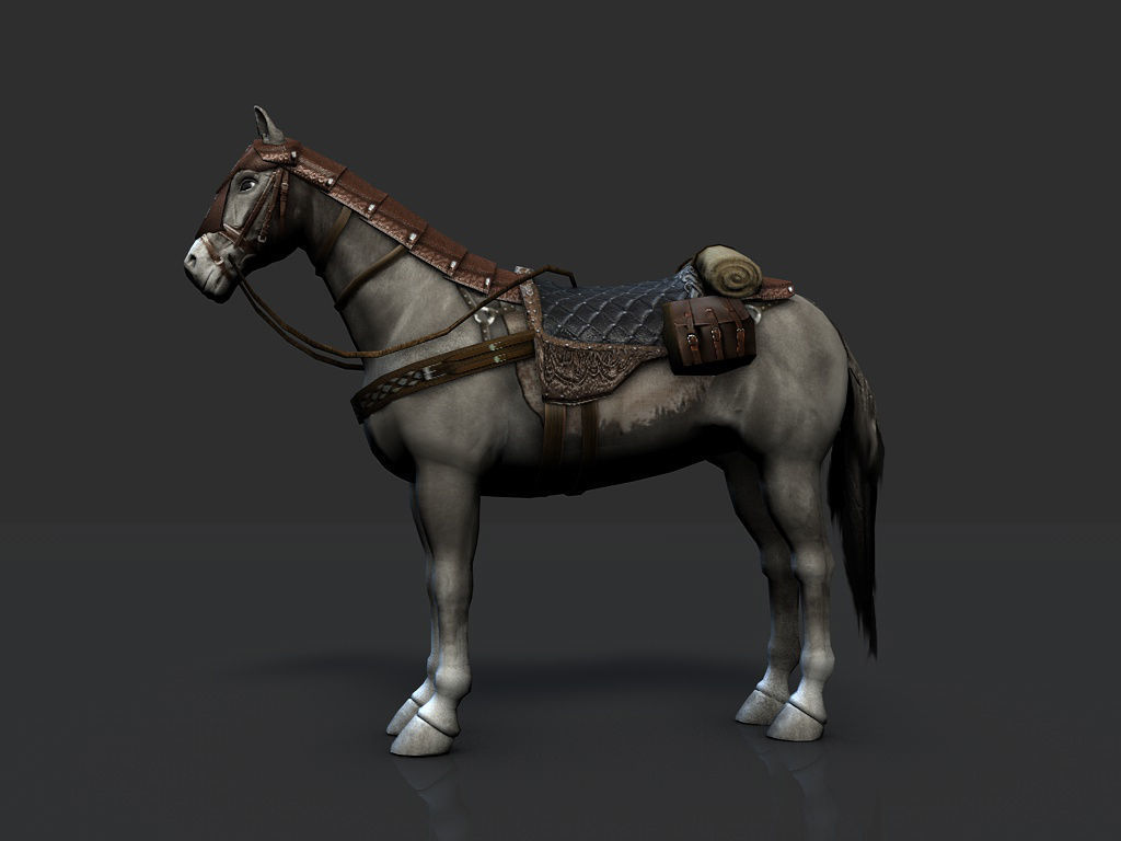 Horse with saddle armor and backpack Low-poly 3D model_2