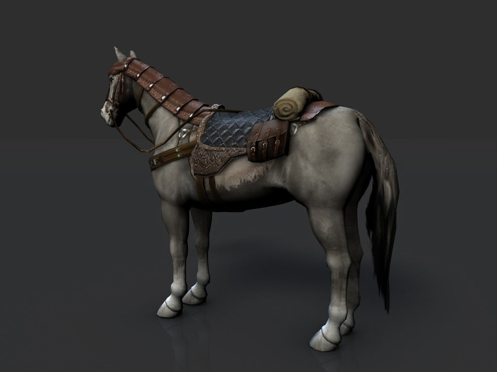 Horse with saddle armor and backpack Low-poly 3D model_6
