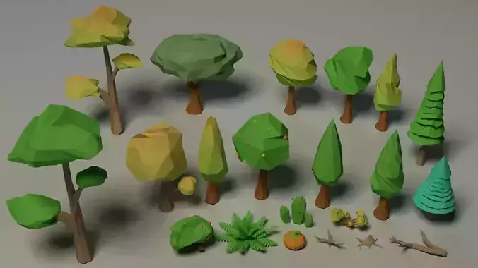 Rustic set Low-poly trees and plants