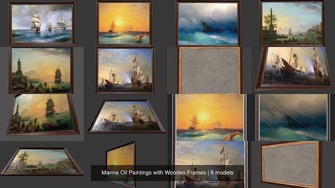 Marine Oil Paintings with Wooden Frames 3D Model Collection