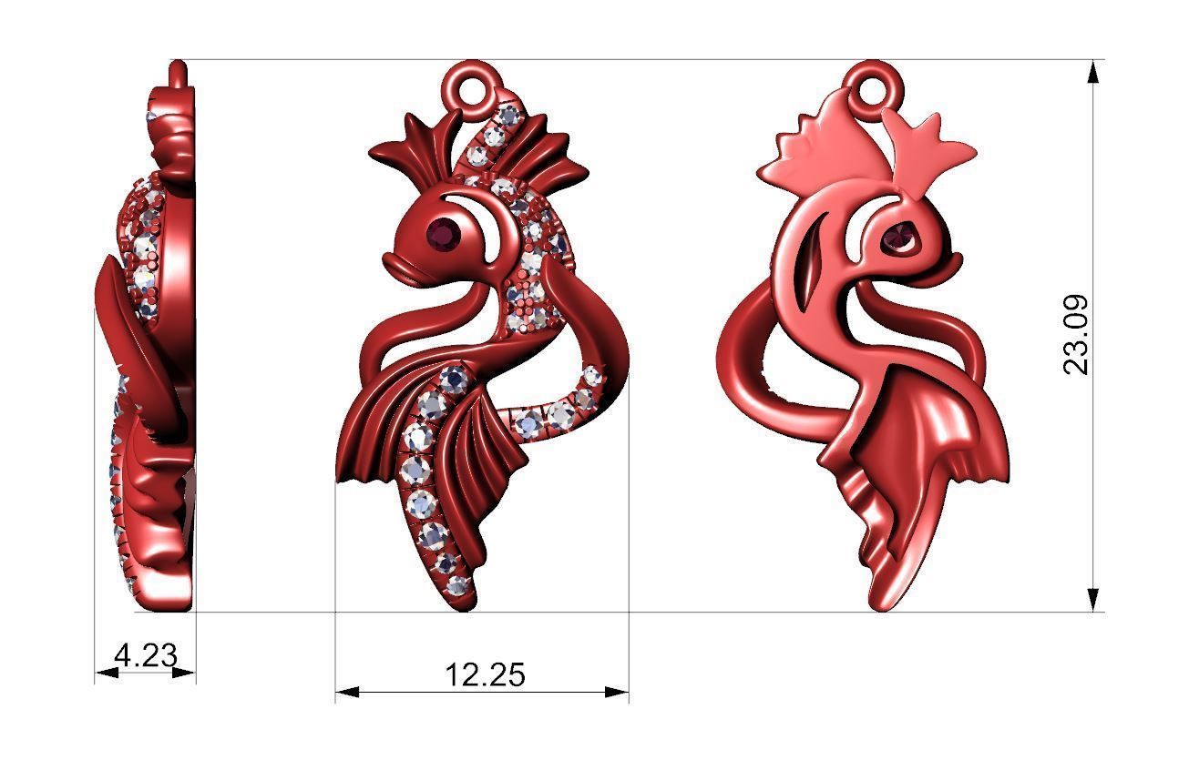 Gold fish necklace 3d printable Nature jewelry Diamond pendant 3D print model_4