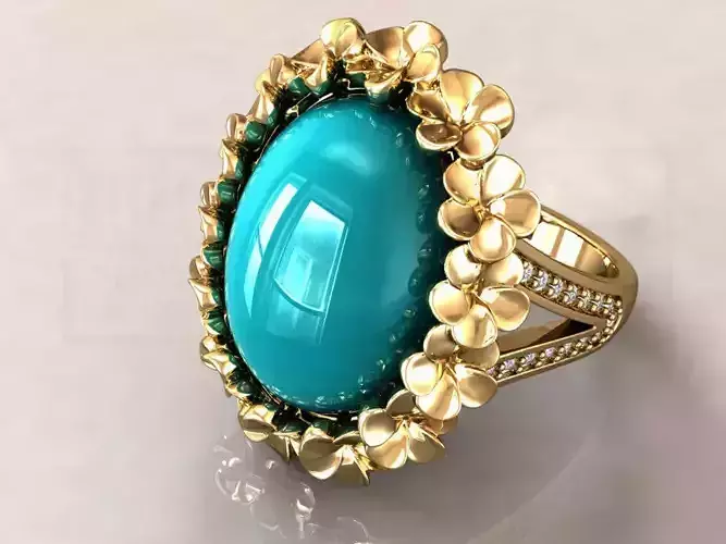 kengkod55-Flower gold ring with turquoise stone and diamonds
