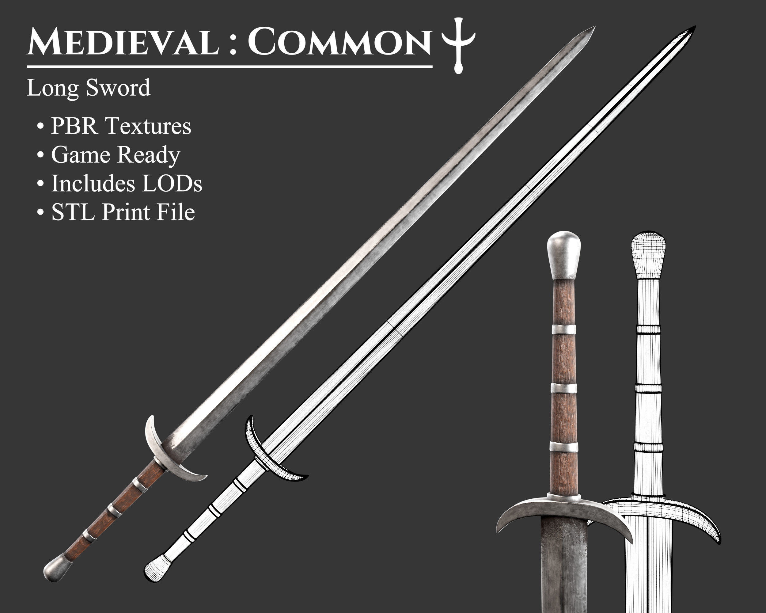 Medieval Common Weapon Long Sword Low-poly 3D model_1