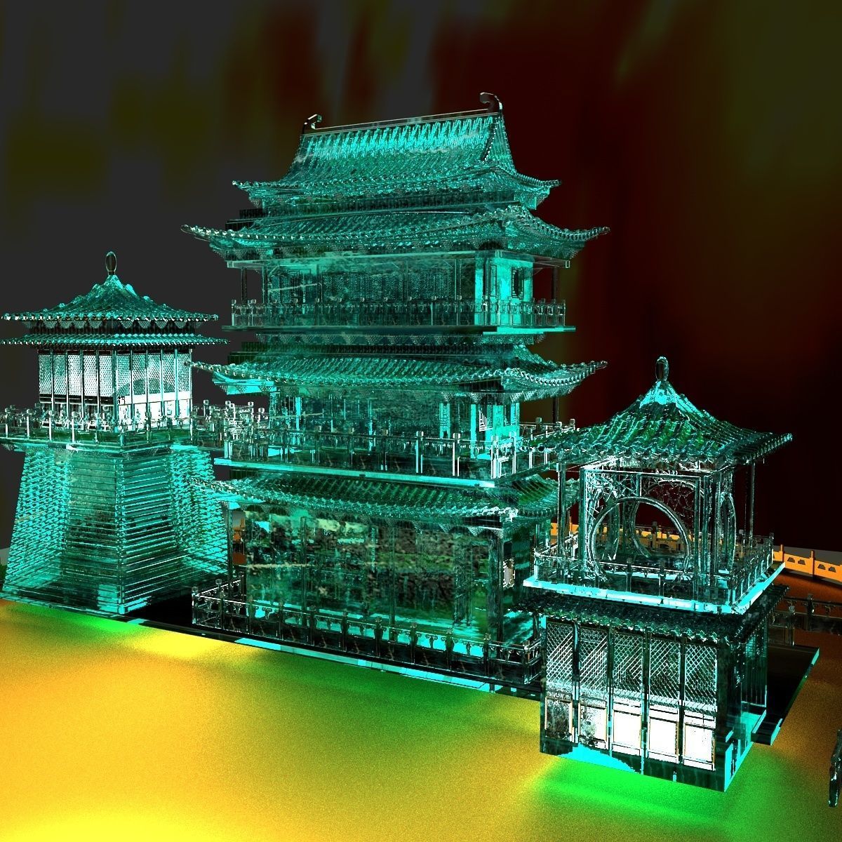Chinese ancient icy sculpture Pavilion 3D model_3