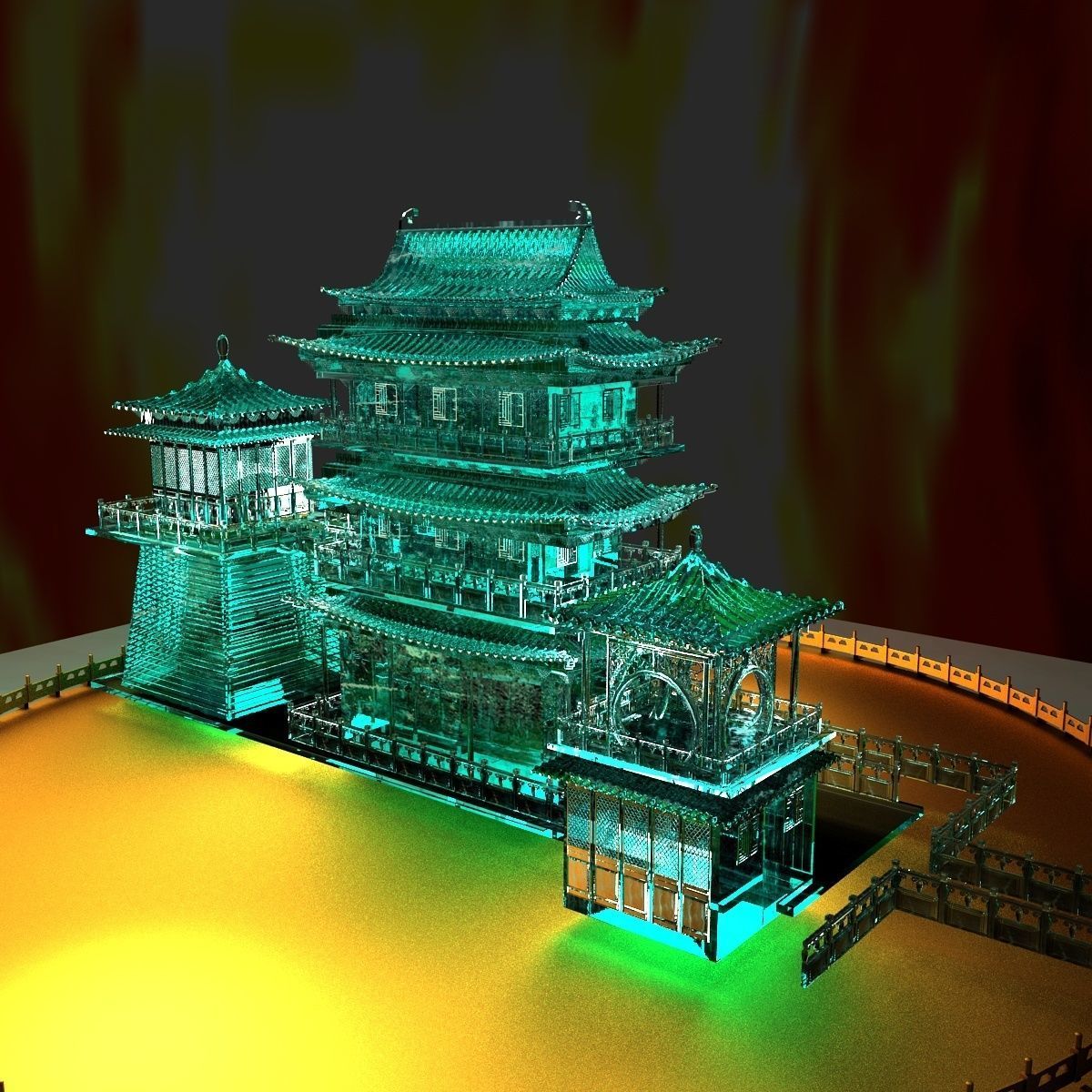 Chinese ancient icy sculpture Pavilion 3D model_2