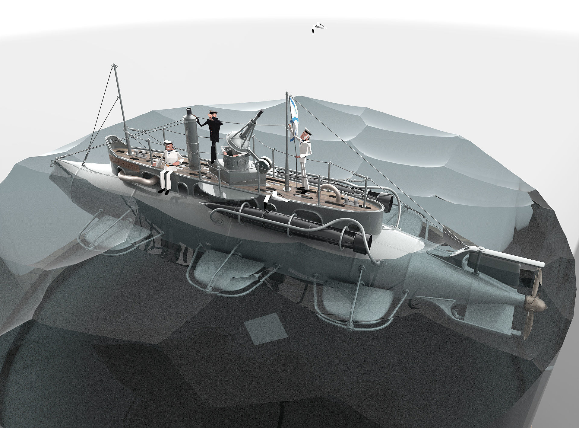 Submarine with sailors 3D model_3