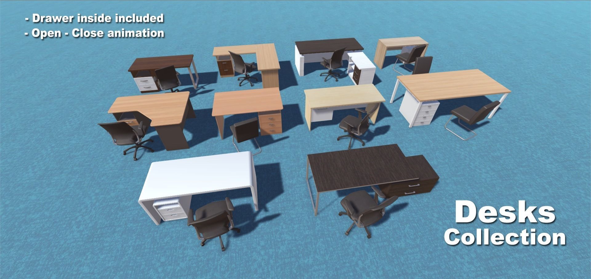 Desk Collection and two chairs Low-poly 3D model_1