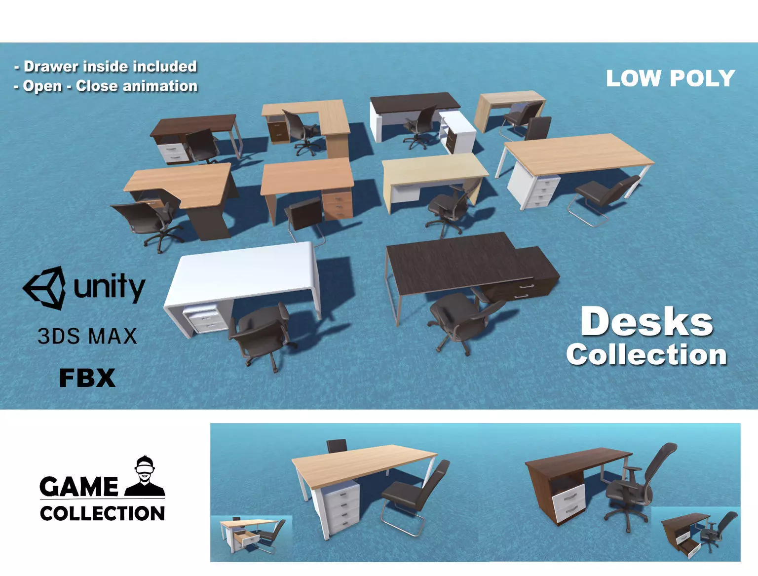 Desk Collection and two chairs Low-poly 3D model_0