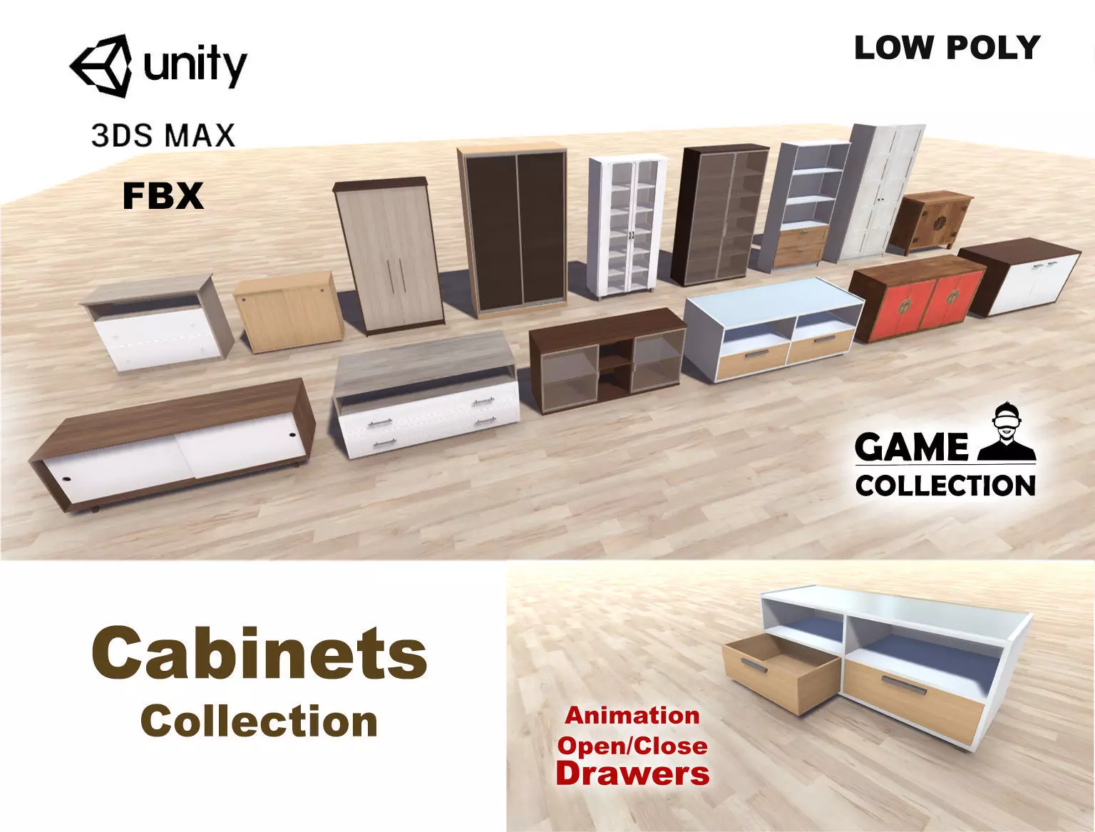 Cabinets Collection dresser and chest of drawers Low-poly 3D model_0