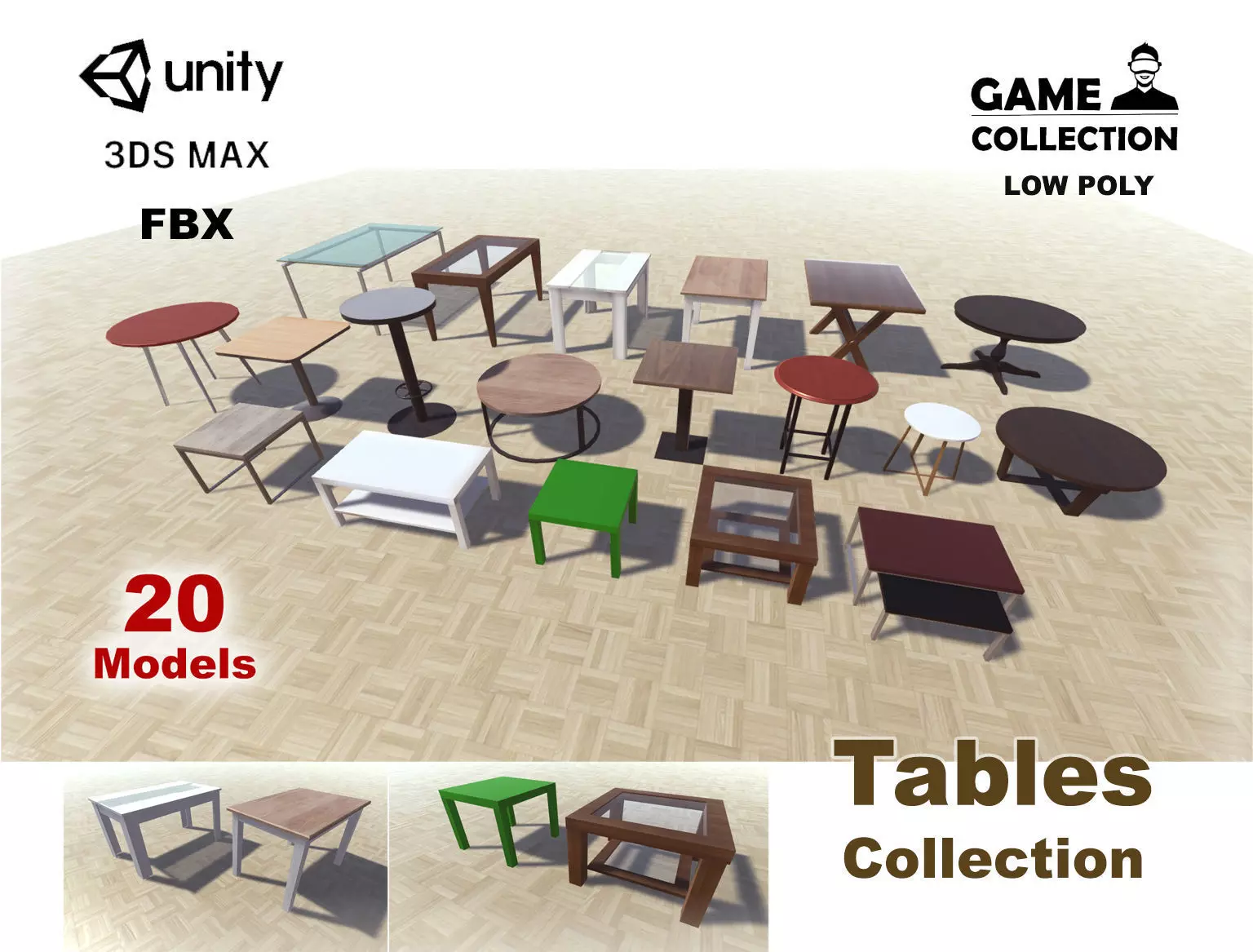 Tables Collection table and two chairs Low-poly 3D model_0