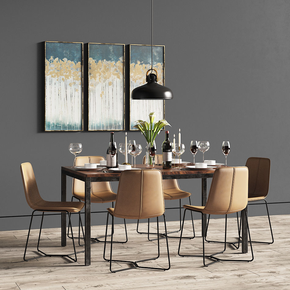 Dinning Set four chairs and dining table 3D model_1