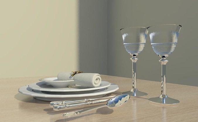 dinner set table setting with silverware and glasses Free low-poly 3D model