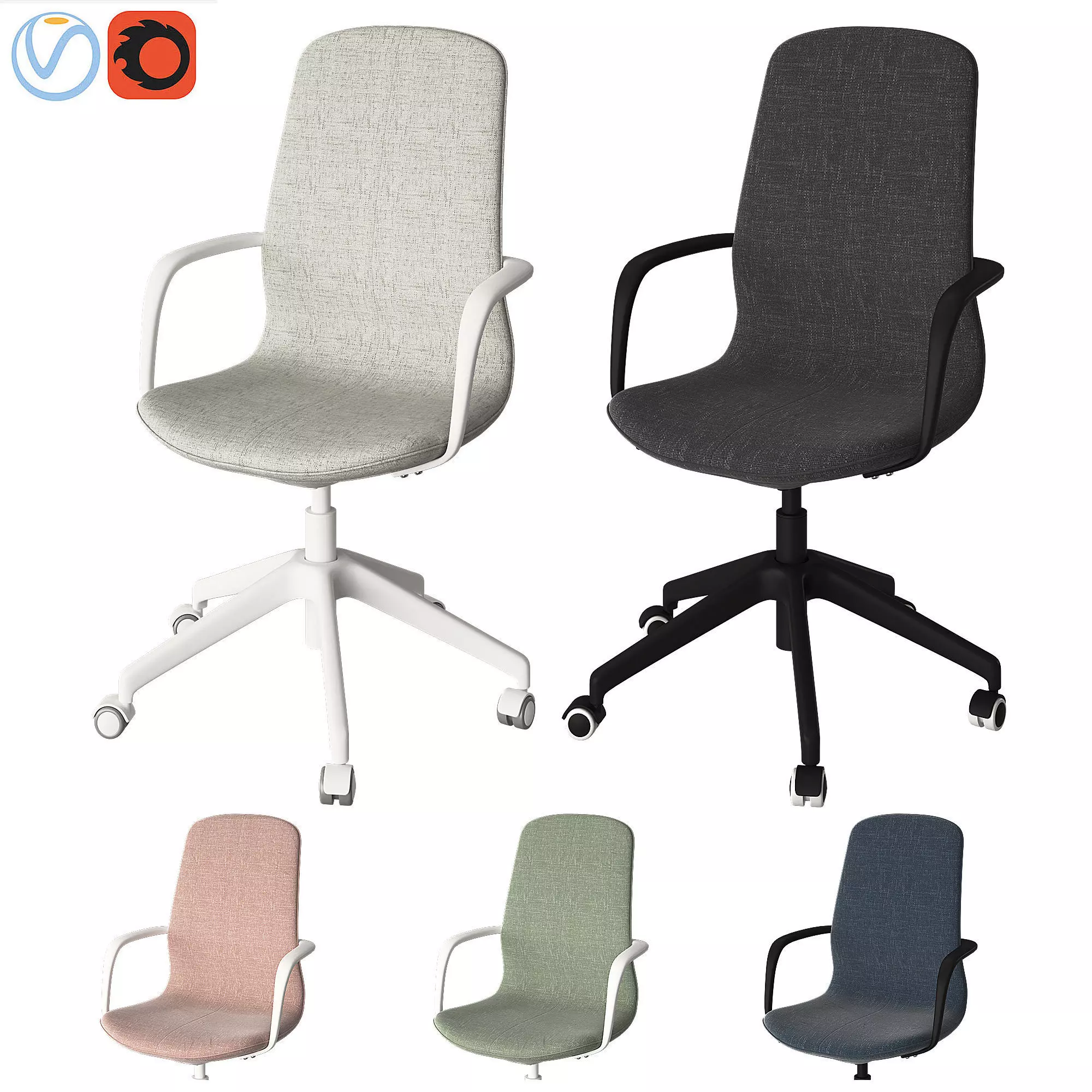 LANGFJALL office chair with upholstered seat and castor wheels 3D model_0