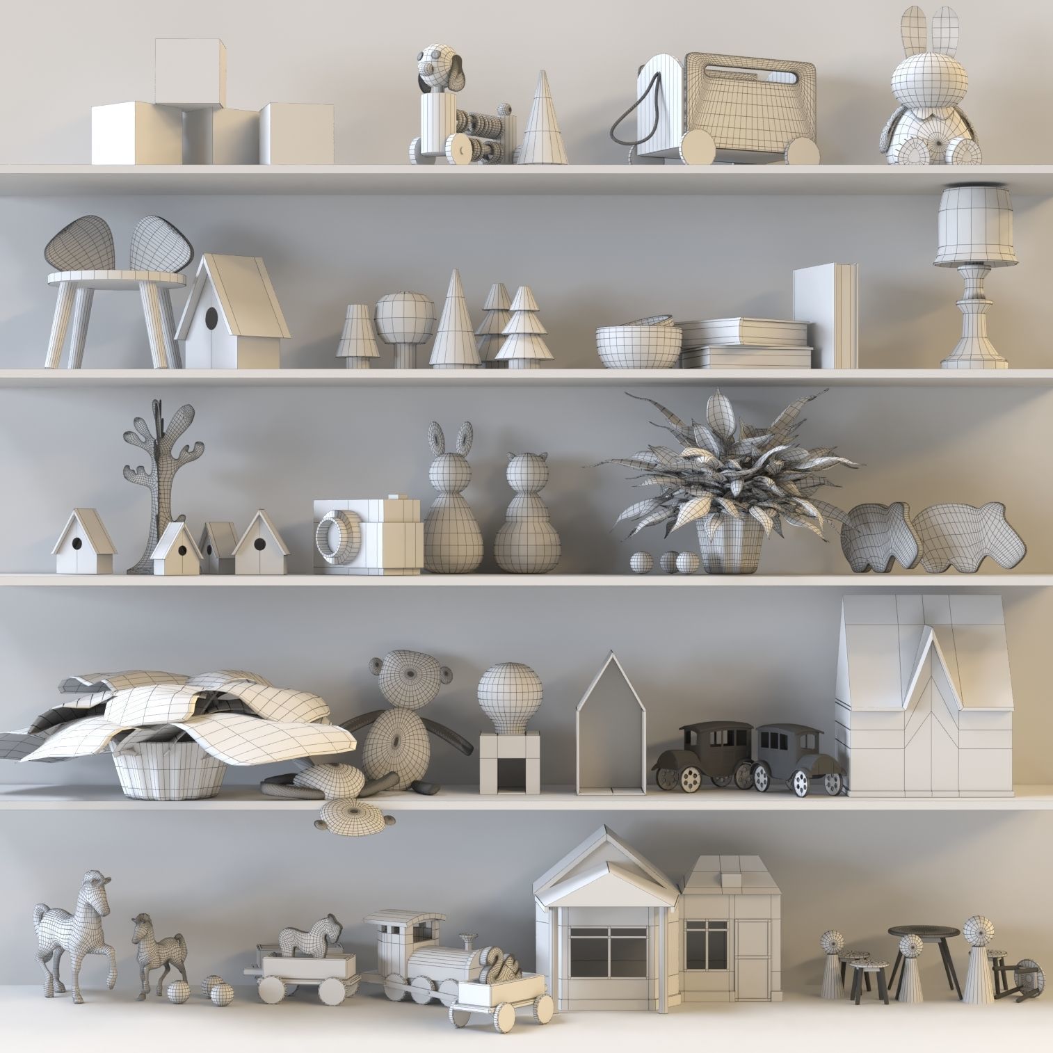 Toy set wooden shelf with toys 3D model_1