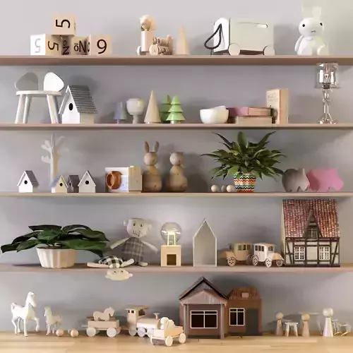 Toy set wooden shelf with toys