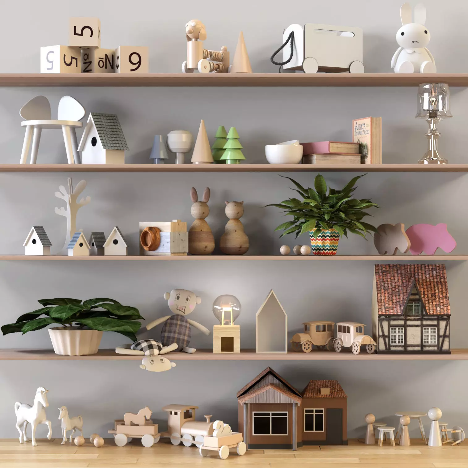 Toy set wooden shelf with toys 3D model_0