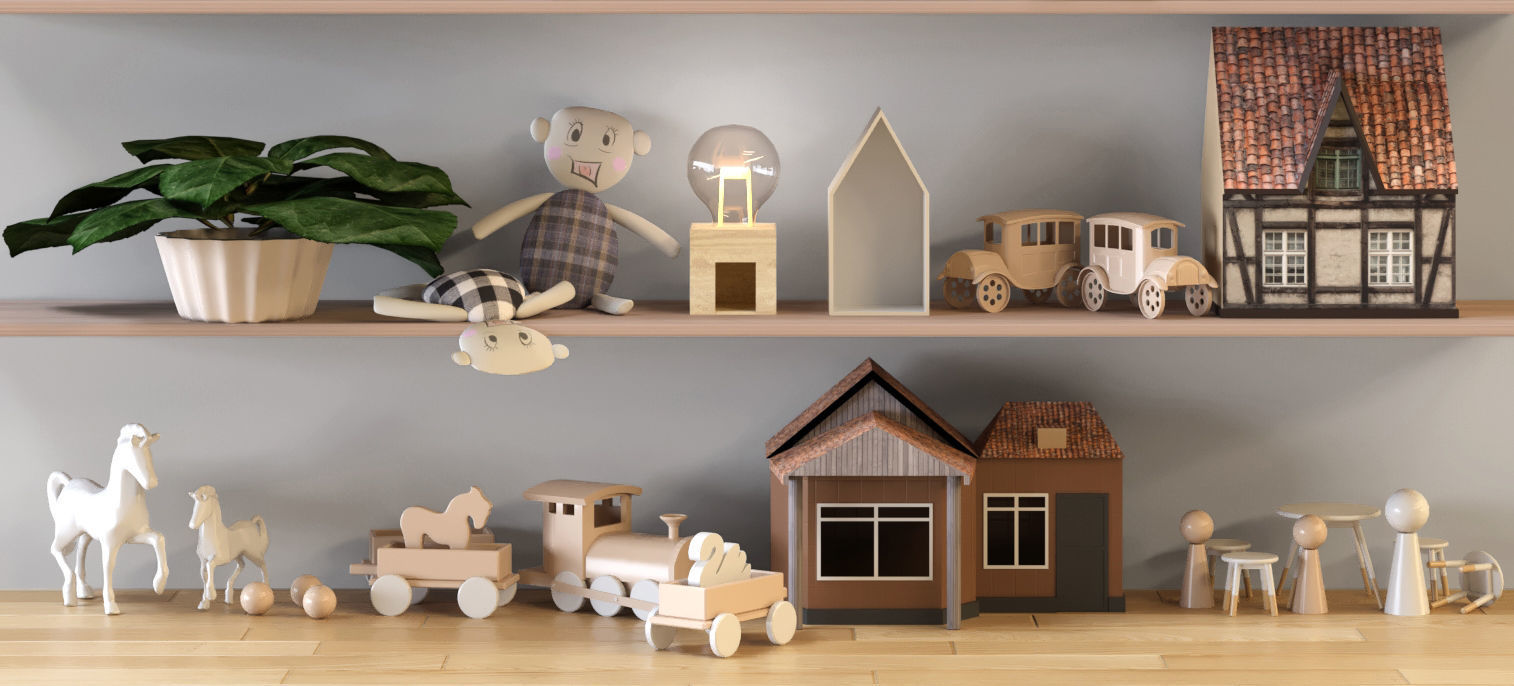 Toy set wooden shelf with toys 3D model_4