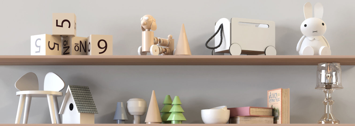 Toy set wooden shelf with toys 3D model_2