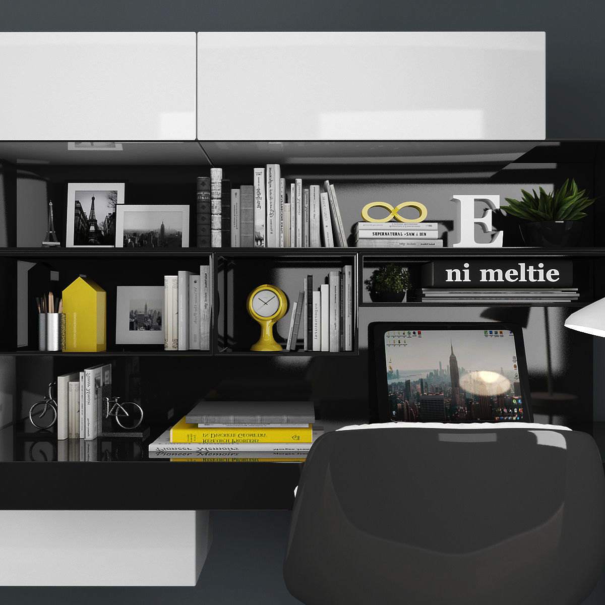 Workzone set desk with bookshelves and chair Low-poly 3D model_1