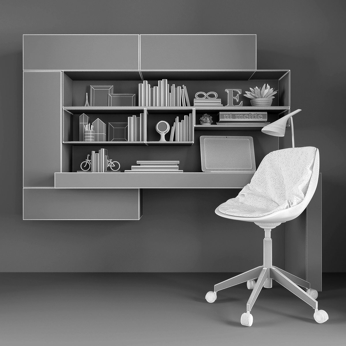 Workzone set desk with bookshelves and chair Low-poly 3D model_2